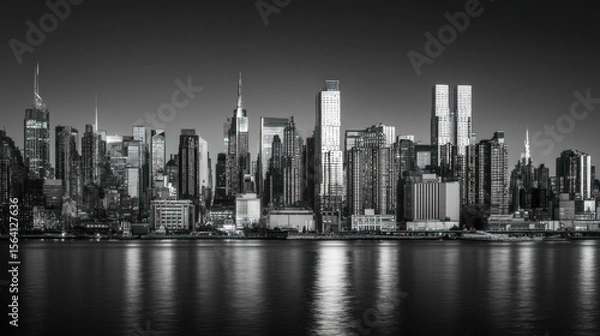 Obraz City skyline at twilight monochrome skyscrapers and water reflection