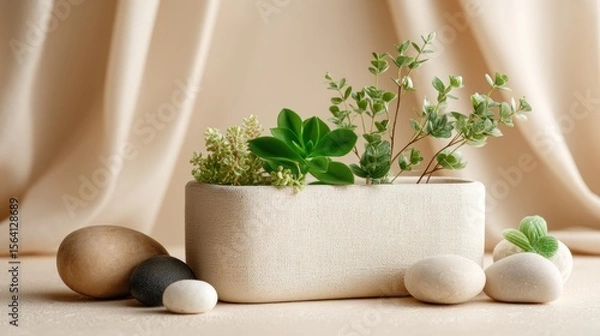 Obraz Green plants in textured planter with smooth stones neutral background