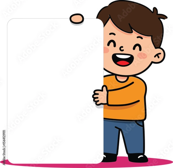Obraz Happy smiling boy holding blank white poster board standing on pink shadow isolated on white background illustration