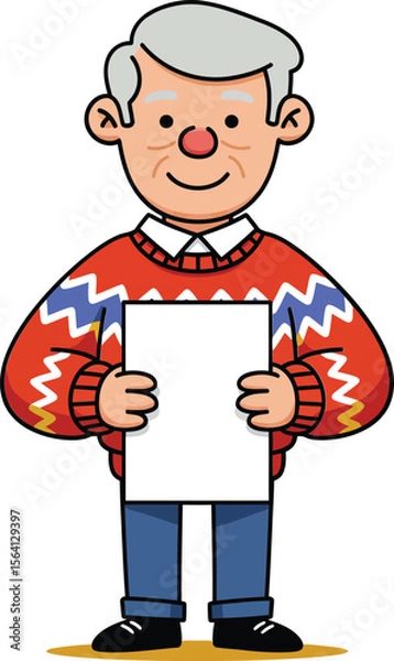 Obraz Cartoon elderly man holding blank sign wearing colorful sweater and jeans smiling cheerful pose 