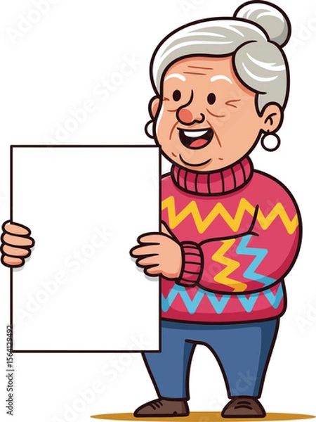 Obraz Elderly woman holding blank sign wearing colorful sweater with zigzag pattern smiling happily 