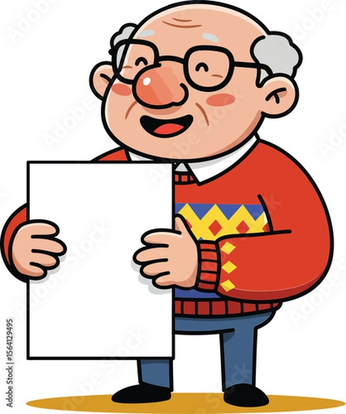 Obraz Elderly man holding a blank white paper sheet in colorful sweater and glasses smiling happily