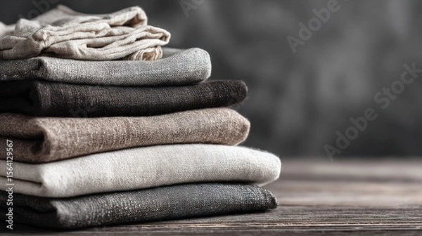Obraz Neutral fabric textures stacked linen on wooden surface