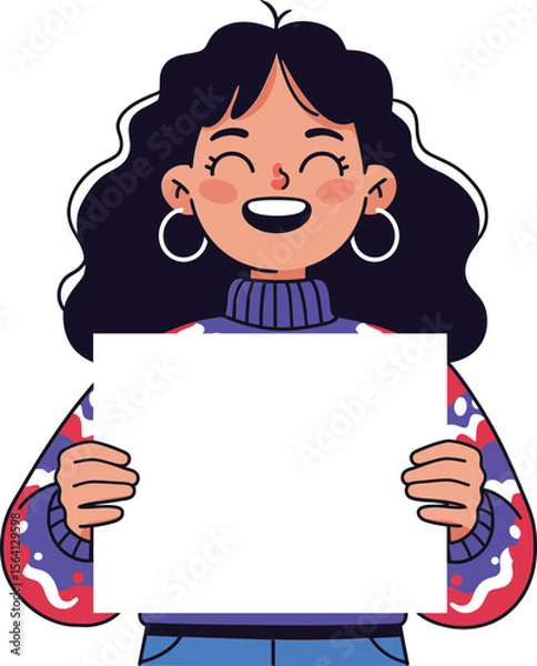 Obraz Smiling girl with curly hair holding blank white sign in colorful sweater and hoop earrings cheerful expression 