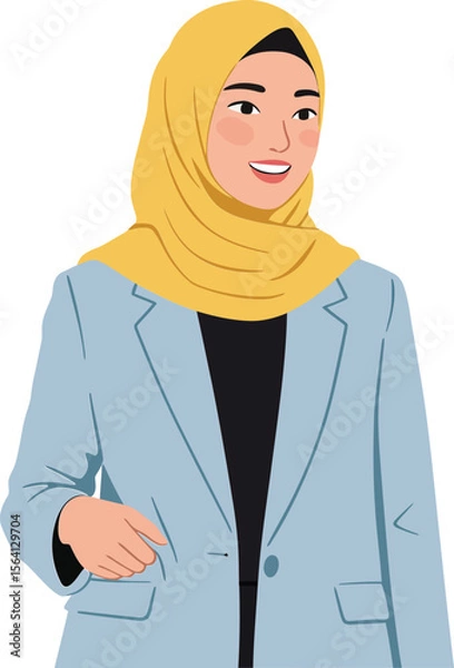 Obraz Young woman wearing yellow hijab and blue blazer standing with confident expression in portrait orientation 