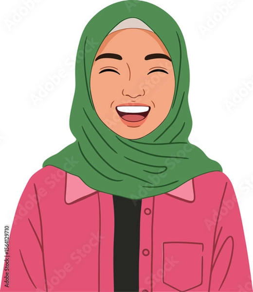 Obraz Smiling woman wearing green hijab and pink jacket expressing happiness and joy in portrait style digital illustration 