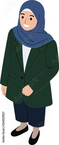 Obraz Woman wearing hijab and green jacket standing with hands in pockets in casual outfit 