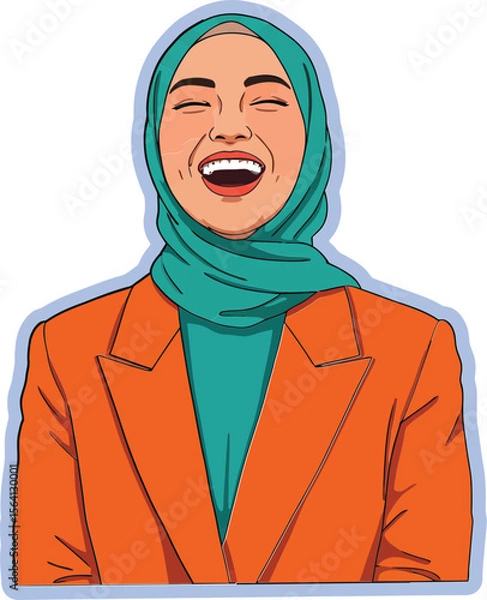 Obraz Woman wearing teal hijab and orange blazer laughing joyfully in casual portrait image 