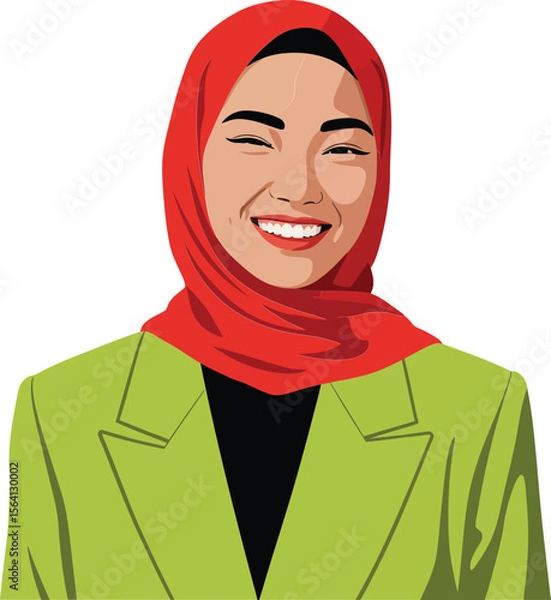 Obraz Smiling woman wearing red hijab and green blazer portrait illustration with vibrant colors and modern style 