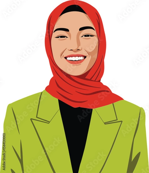 Obraz Smiling woman wearing red hijab and green blazer happy confident portrait illustration 