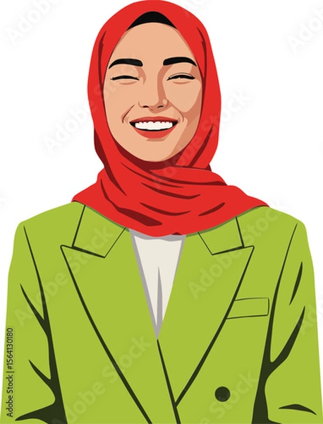 Obraz Young woman smiling wearing red hijab and green blazer portrait vector illustration cheerful expression 