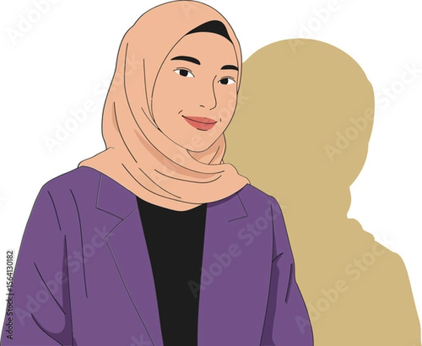 Obraz Woman in hijab wearing purple jacket and beige scarf with shadow in minimalist style portrait 