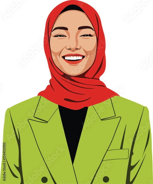 Obraz Smiling woman wearing red hijab and green blazer portrait in flat vector style with white background 