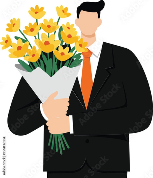 Obraz Man in black suit holding bouquet of yellow flowers with orange tie simple vector illustration 