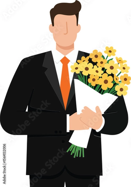 Obraz Man in black suit holding bouquet of yellow flowers with orange tie minimalist vector illustration 