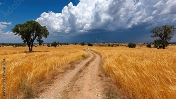 Obraz A dirt path winds through a golden wheat field under a dramatic cloudy sky