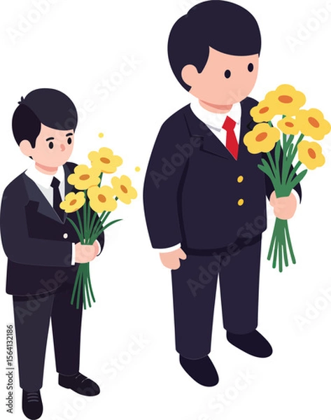 Obraz Two boys holding yellow flowers dressed in suits in minimalist style with white background 