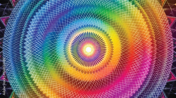 Fototapeta Colorful abstract spiral optical illusion with geometric pattern and bright radiant center.