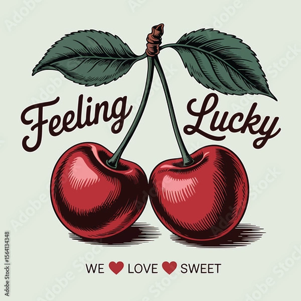 Fototapeta Depicts two cherries with a vintage feel alongside the phrase "Feeling Lucky," making it perfect for apparel designs, logos, or various playful graphic needs for food related bussiness.