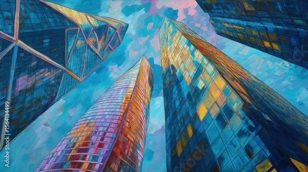 Obraz Cityscape Impression:  A Low Angle View of  Modern Skyscrapers Reaching for the Sky