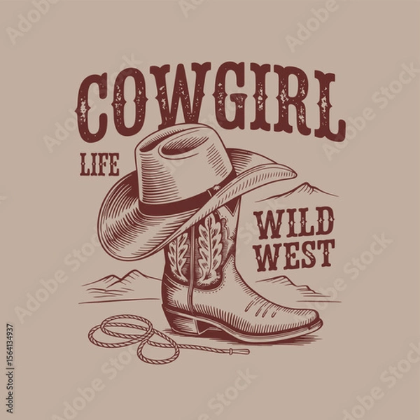 Fototapeta Explore the spirit of the wild west with this country-themed graphic, perfect for creating bold apparel designs, western-inspired logos, or rustic branding with cowgirl style and vintage flair.