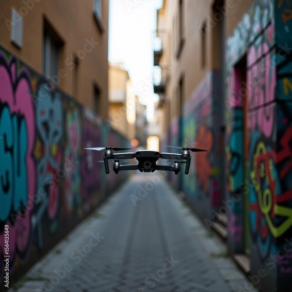 Obraz black drone flying over narrow alleyway colorful graffiti walls either side alleyway appears urban area buildings both sides alleyway sky visible background overall mood peaceful serene drone center