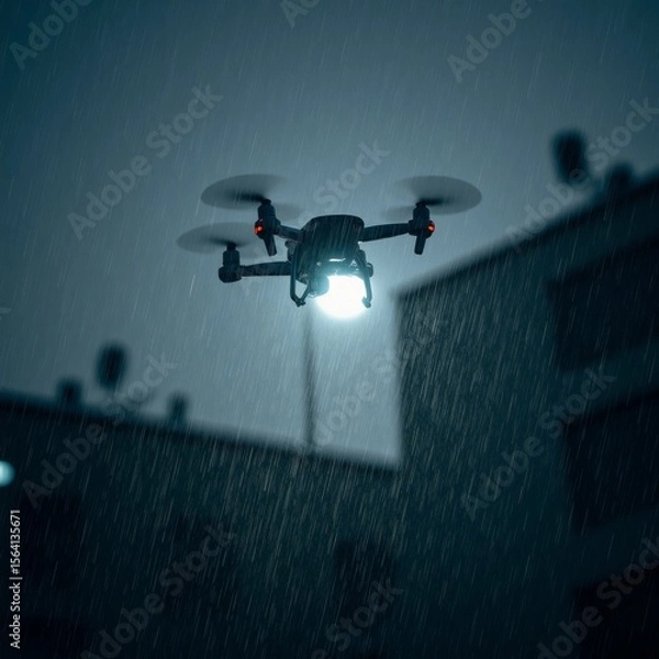 Obraz drone flying night sky drone black has four propellers hovering above building which appears residential area sky dark cloudy raindrops falling sky center bright light shining drone taken low angle