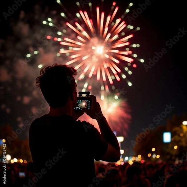 Obraz man taking photo fireworks display night man standing front crowd people holding camera his hands fireworks exploding sky creating beautiful display colors shapes sky dark fireworks bright vibrant