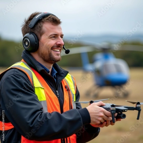 Obraz man wearing black jacket orange high visibility vest holding small drone his hands wearing headset microphone has big smile his face appears happy background blue helicopter parked grassy field sky