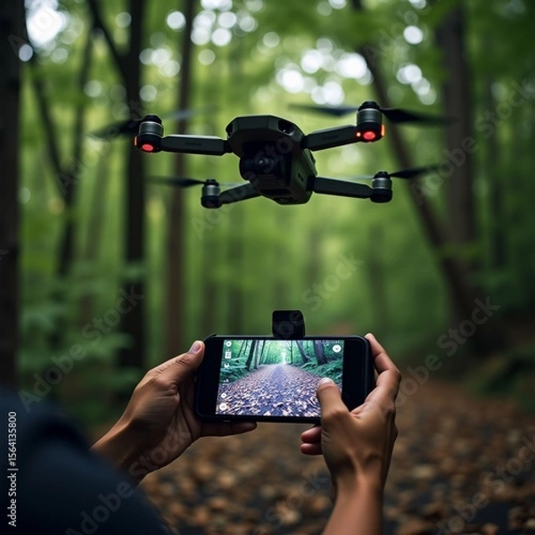 Obraz person holding smartphone their hands taking photo drone flying air drone black white color has four propellers hovering above forest floor covered fallen leaves background blurred appears wooded