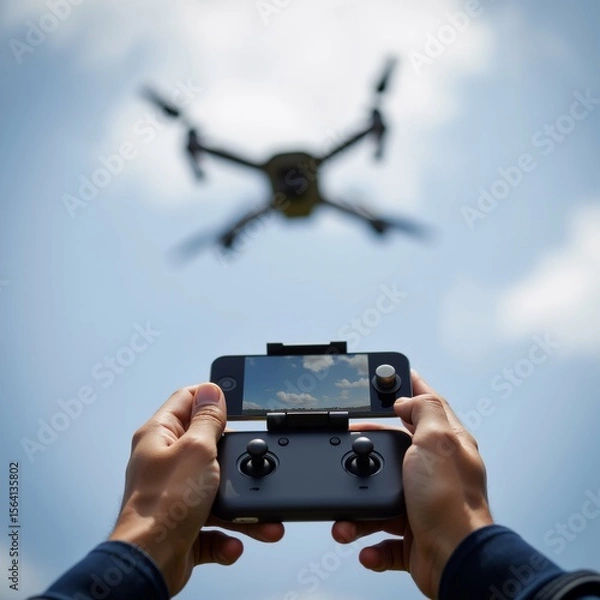 Obraz person hands holding black drone controller drone flying sky its four propellers spinning sky blue white clouds scattered across person holding controller their hands appears controlling drone taken