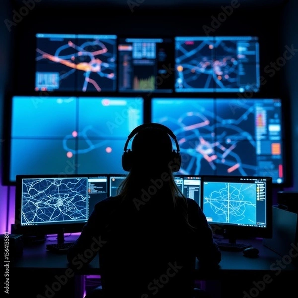 Obraz person sitting desk front multiple computer monitors person wearing headset appears working video game monitors arranged grid like pattern monitor displaying different game interface background dark