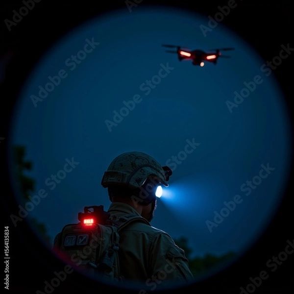 Obraz person wearing helmet backpack looking drone flying sky drone red black color appears quadcopter person facing away camera their back turned towards drone background dark sky deep blue taken circular