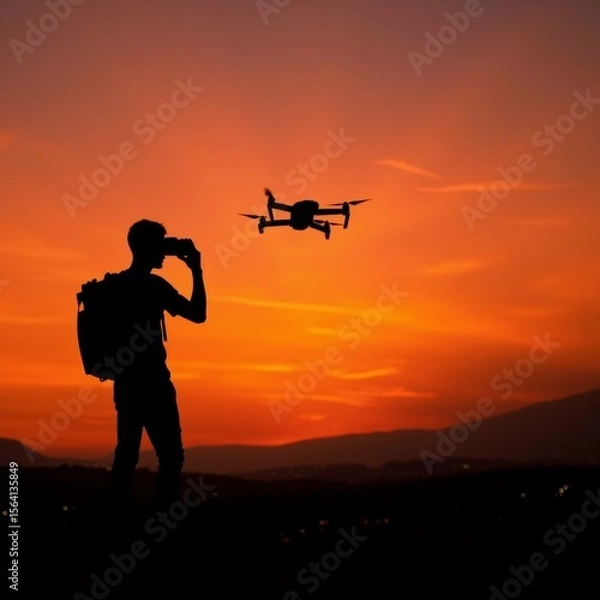Obraz silhouette man standing top hill holding camera taking photo drone flying sky sky beautiful orange yellow color sun setting background man wearing backpack appears looking drone focused expression
