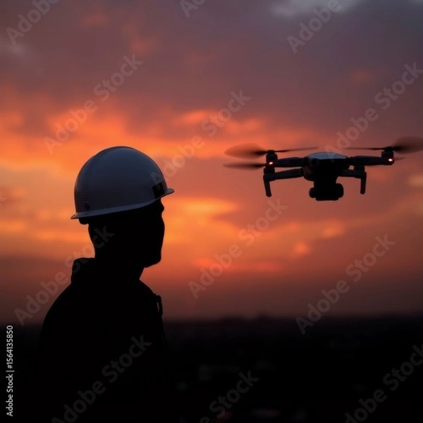 Obraz silhouette person wearing white hard hat standing front beautiful sunset sky filled orange pink hues sun setting background center drone flying sky drone has four propellers camera attached person