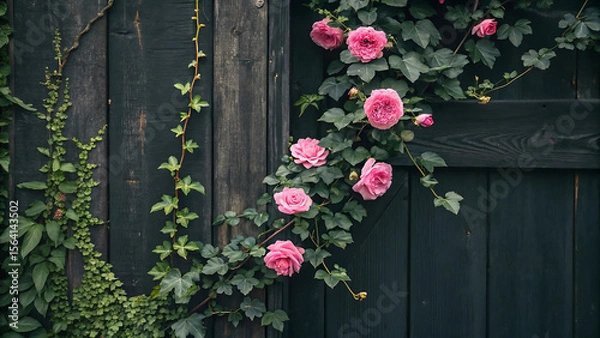 Fototapeta Pink roses and green ivy climbing on a dark wooden fence creating a natural floral display - ai generated