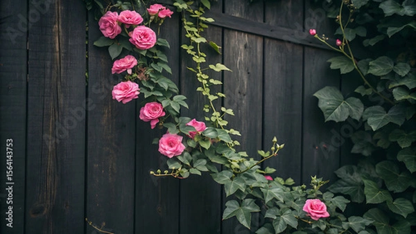Fototapeta Pink roses climbing a dark wooden fence with green vines and leaves in an outdoor setting - ai generated