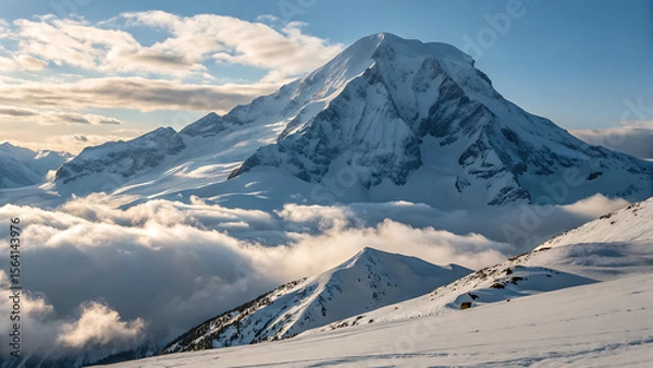 Fototapeta Snowy mountain peak with clouds and blue sky on a sunny day in a winter landscape view from above - ai generated