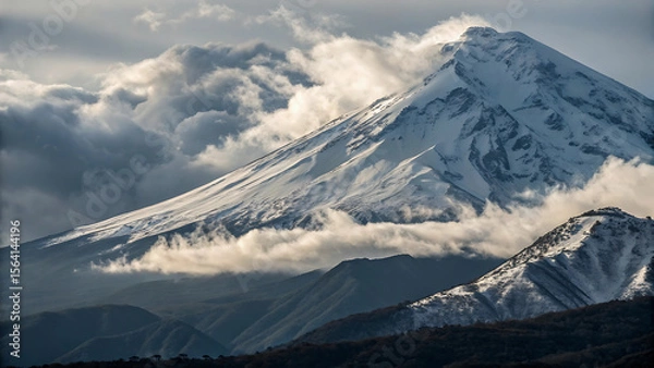 Fototapeta Snowy mountain peaks rise above the clouds in a scenic landscape on a bright sunny day view from below - ai generated
