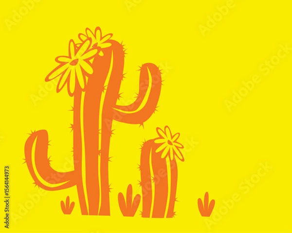 Fototapeta South American cactus with flowers. Graphic drawing on a yellow background. Vector image for prints, poster and illustrations.