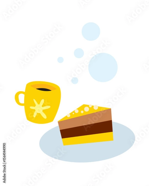 Fototapeta A cup of coffee and a piece of chocolate cake. Vector image for prints, poster and illustrations.