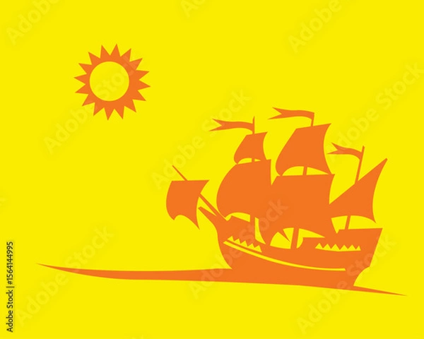 Fototapeta Silhouette of an old sailing ship on a yellow background. Vector image for prints, poster and illustrations.