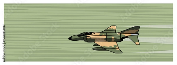 Obraz Low lewel fly. A simple drawing of an old jet fighter flying over the surface. Vector image for prints, poster and illustrations.