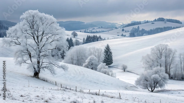 Fototapeta A winter landscape with snow covered trees and hills under a cloudy sky in a serene environment - ai generated