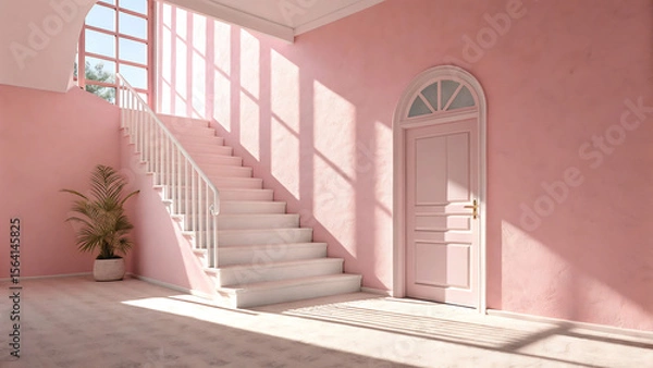 Fototapeta Interior view of a pink room with white staircase door and plant bathed in sunlight streaming through window - ai generated