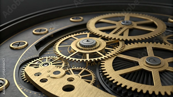 Fototapeta Close up view of a watch mechanism with golden gears and dark background showing intricate details - ai generated