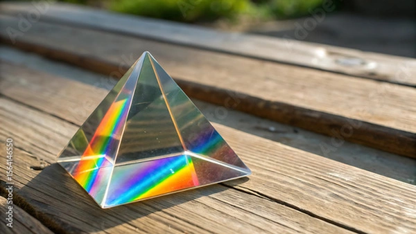 Fototapeta Clear prism refracting light creating a rainbow effect on a wooden surface in bright sunlight - ai generated