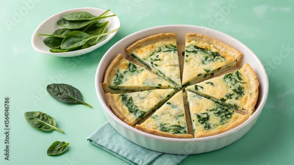 Fototapeta A spinach quiche cut into slices in a white dish with spinach leaves on a light green background - ai generated