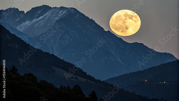 Fototapeta A full moon rising over a mountain range casting a soft glow on the landscape at twilight hour - ai generated