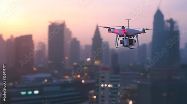 Fototapeta Aerial drone capturing cityscape silhouettes at sunset, hovering above blurred skyscrapers with mounted camera technology